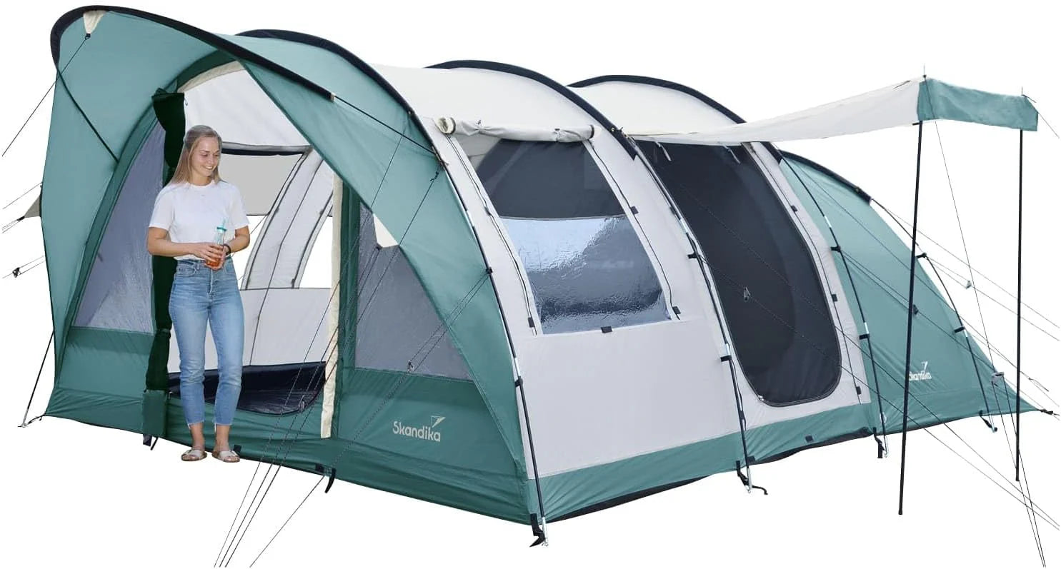Skandika Egersund tunneltent voor 3, 5 of 7 personen | Kampeertent met Sleeper Technology, ingenaaid grondzeil, zwarte slaapcabine, 2 m stahoogte, waterdicht, familietent(5XL (groen))