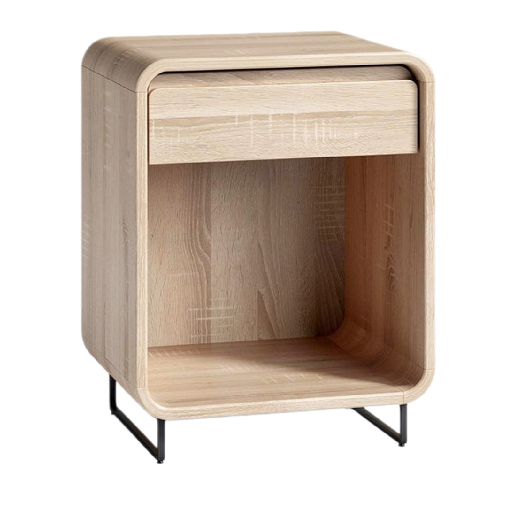 Technische titel in het Nederlands: "Modern Nachtkastje van Hout met Minimalistisch Ontwerp en Metalen Onderstel"