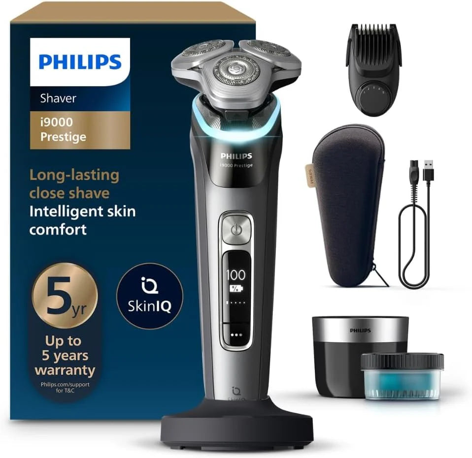 Philips Elektrisch Scheerapparaat Series 9000 Prestige, nat en droog, glanzend chroom, Lift  Cut scheersysteem, SkinIQ Technologie, baardstyler, neustrimmer, Qi oplaadpad, Model SP9885/35(Versie XP9202/33 AU)