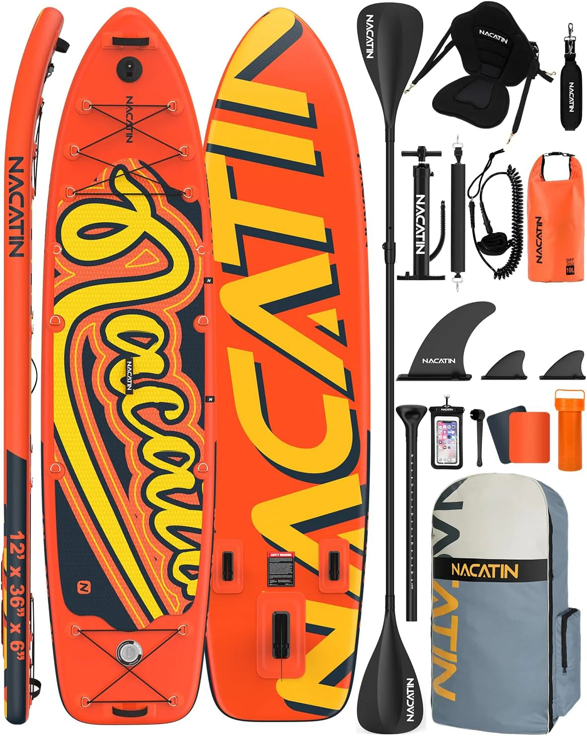 Paddleboards voor het gezin, 12 inch opblaasbaar stand-up paddleboard met kajak-ombouwset, complete SUP-set paddleboards voor volwassenen, met enkele of dubbele peddel, kajakstoel en andere(12' - Oranje)