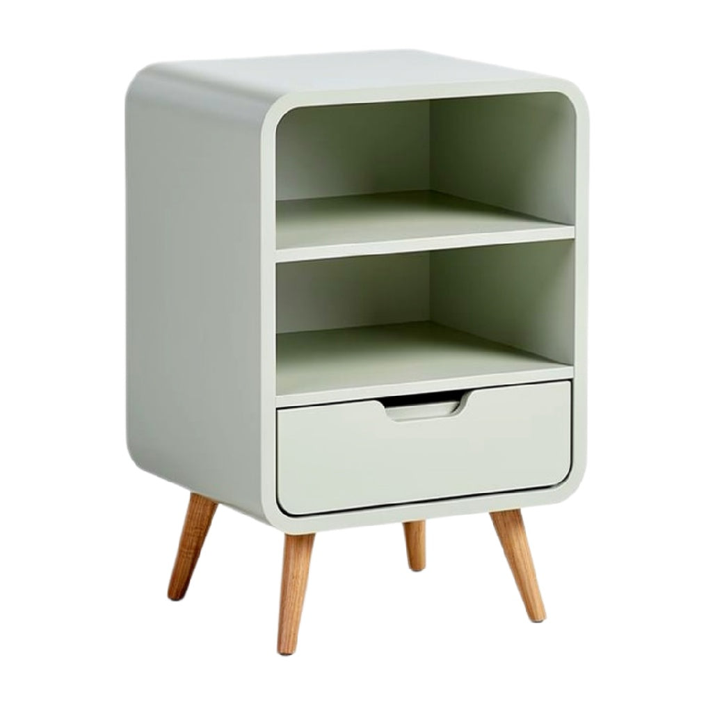 Moderne nachtkast met open planken en lade in groen met houten poten