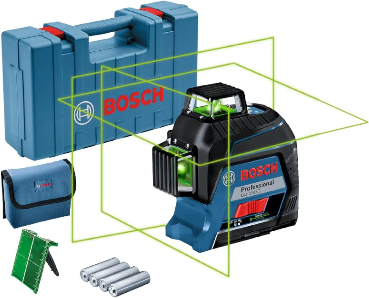 Bosch Professional Bouwlaser GLL 3-80 G (Groene Laser, Binnenafwerking, Werkbereik: 30 m, 4x Batterij, AA, In Transportkoffer), Blauw