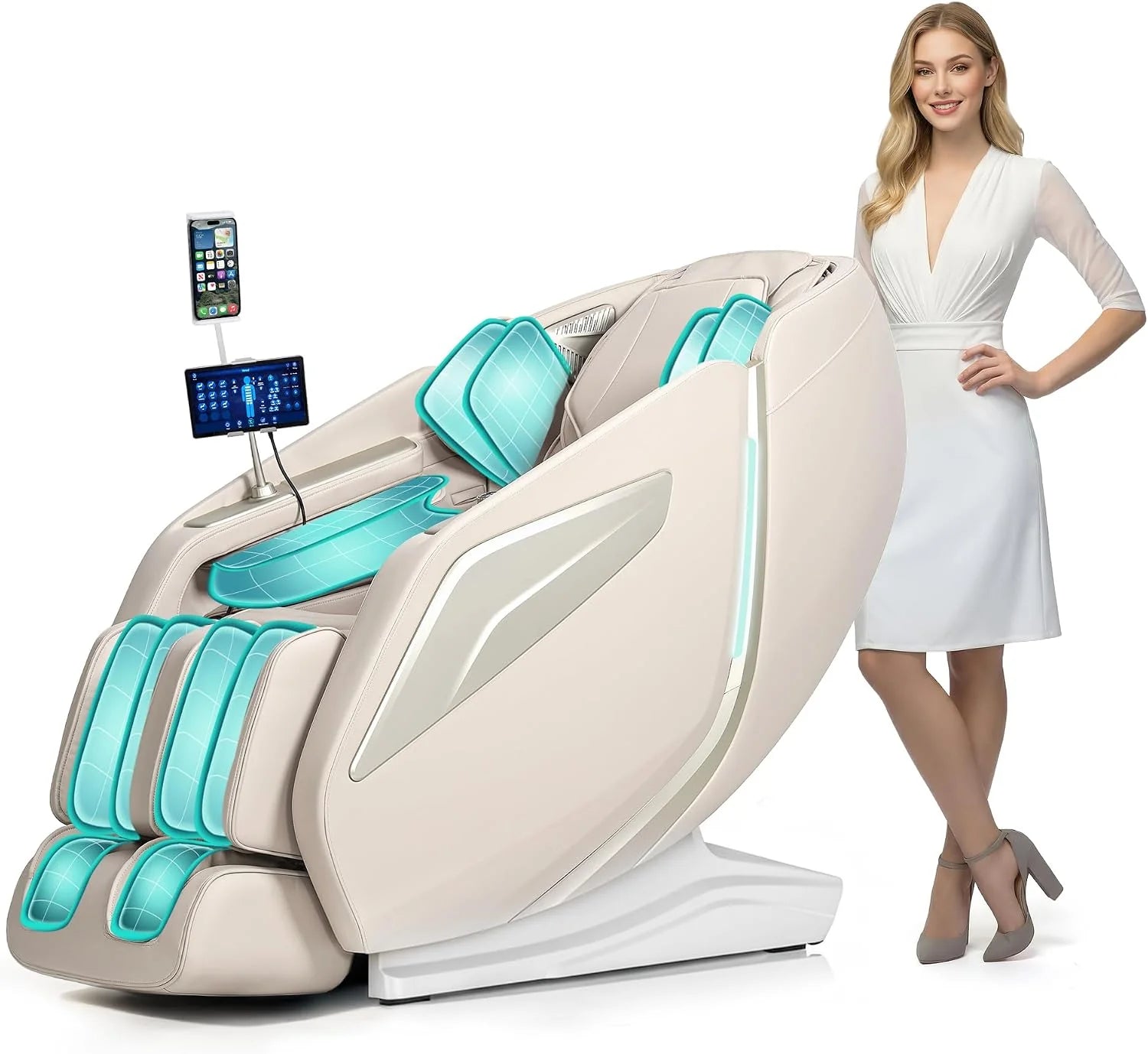Massagestoel voor het hele lichaam Healthrelife met lichaamsscan, intelligente 4D-robotarmen, intelligente Shiatsu-massagefunctie met spraak en rugverwarming (zwart)(HR337-beige)