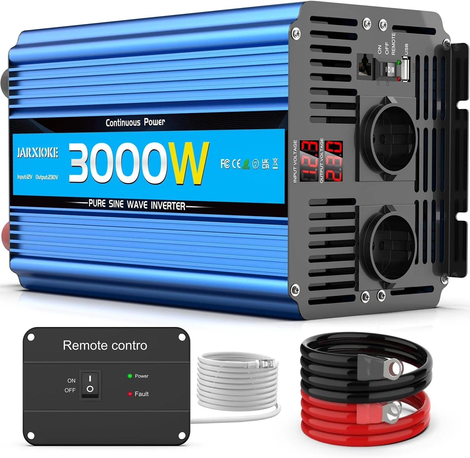 Zuivere Sinus Omvormer 3000W voor Buiten Auto 12V 230V Spanningsomvormer Inverter Pure Sine Wave met Afstandsbediening EU Stopcontact USB Poort